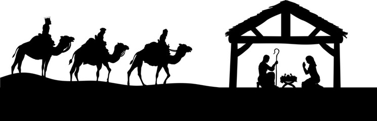 Traditional Christian Christmas Nativity Scene of baby Jesus in the manger with Mary and Joseph in silhouette and wise men