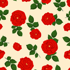 Seamless vintage floral pattern with red roses on pastel background. Backdrop for wallpaper, print, textile, fabric, wrapping. Vector illustration