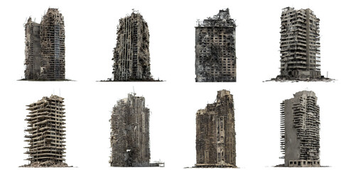 Fototapeta set of ruined skyscrapers, post-apocalyptic buildings isolated on white background obraz