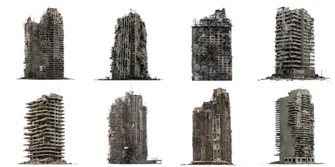Fotobehang set van verwoeste wolkenkrabbers, post-apocalyptische gebouwen geïsoleerd op een witte achtergrond © dottedyeti