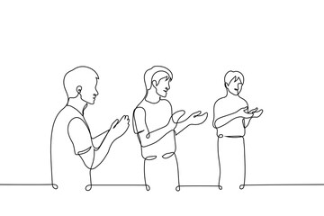 Fototapeta na wymiar group of men stands applauding - one line drawing vector. the concept of an appreciative audience, standing ovation