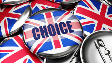 Choice in UK England - national flag of UK England on dozens of pinback buttons symbolizing upcoming Choice in this country. ,3d illustration