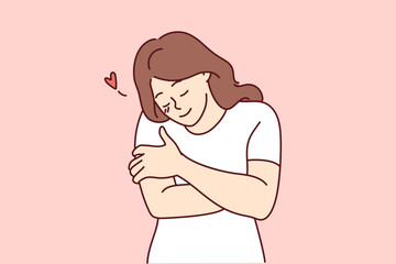 Happy young woman hugging herself show self-love and care. Smiling girl embrace body feeling secure and body positive. Vector illustration. 