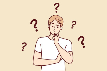 Confused man wondering looking for problem solution. Pensive young guy frustrated with trouble thinking and brainstorming. Vector illustration. 