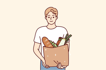 Portrait of smiling young man with bag with groceries. Happy guy holding package with goods and products. Shopping and nutrition. Vector illustration. 