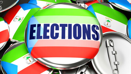 Equatorial Guinea and Elections - dozens of pinback buttons with a flag of Equatorial Guinea and a word Elections. 3d render symbolizing upcoming Elections in this country.,3d illustration