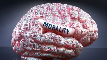 Morality in human brain, hundreds of crucial terms related to Morality projected onto a cortex to show broad extent of the condition and to explore concepts linked to it,3d illustration