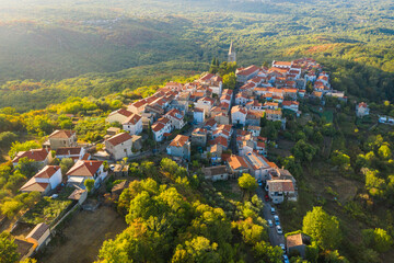 Sunset over the old town of Dobrinj on Krk island in Croatia, aerial view