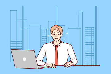Successful young businessman sit at desk in modern office working on computer. Smiling male employee work on laptop in company workplace. Vector illustration. 