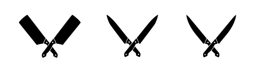 Knife for butcher and bbq. Chef icon. Crossed knives for kitchen, butchery and grill. Silhouette of cleaver. Symbol of cooking, dining and barbecue. Restaurant logos. Vector