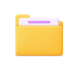 File folder. 3d icon of folder with document. Office paper for mail, project, archive and business. Concept of data and information. Online directory in computer. Vector illustration