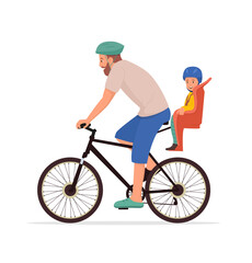 Obraz premium Family bike. Child with father together ride on bicycle. Happy travel of dad with son. Two people in helmets and sportswear on road trip. Cartoon summer active fun and adventure. Vector