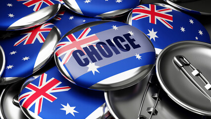 Choice in Australia - national flag of Australia on dozens of pinback buttons symbolizing upcoming Choice in this country. ,3d illustration