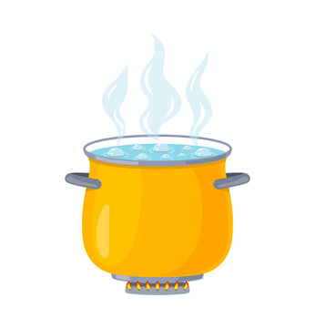 Pot with boil water. Pan with soup. Icon of cook food. Saucepan with hot steam on stove with fire. Flat cartoon cooking illustration. Metal heat open bowl on flame in kitchen. Vector