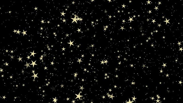 Flying golden stars. Black background. Overlay. Abstract stars for party, birthday. 29,97 fps