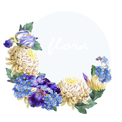 Watercolor wreath of chrysanthemum ,irises and forgetmenots isolated on  white background.