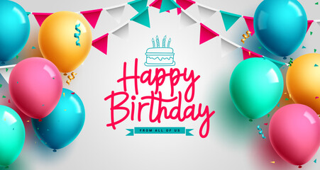 Fototapeta Happy birthday text vector design. Birthday balloons, pennant and confetti party decoration for kids celebration event background. Vector Illustration.  obraz