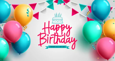 Fotobehang Happy birthday text vector design. Birthday balloons, pennant and confetti party decoration for kids celebration event background. Vector Illustration.  © AmazeinDesign