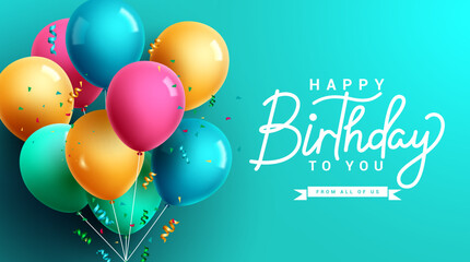 Happy birthday vector background design. Birthday text in empty space with bunch of balloons and confetti party elements. Vector Illustration. 