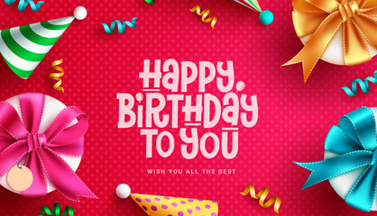 Happy birthday text vector background design. Birthday typography in empty space with gift box, hat and confetti for party elements  decoration. Vector Illustration. - Powered by Adobe