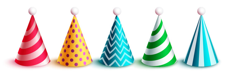 Birthday hat set vector design. Birthday hats element with pattern and dots collection for kids party occasion. Vector Illustration.