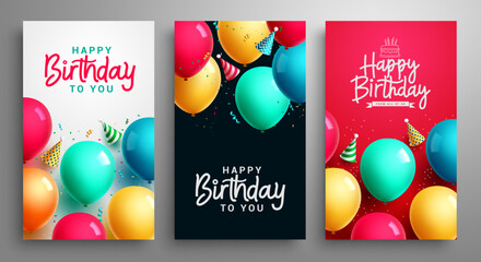 Fototapeta premium Happy birthday poster set vector design. Birthday greeting text collection with balloons and confetti elements for kids party celebration background. Vector Illustration.
