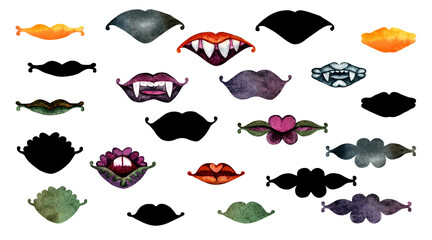 Halloween set of lips with their shadows: vampire lips, flower lips, zombie lips,lips with fangs and teeth. Watercolor on paper hand drawn. Elements isolated on white background