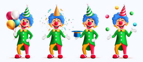 Birthday clown character vector set design. Buffoon entertainer character collection playing tricks for kids party celebration background. Vector Illustration.