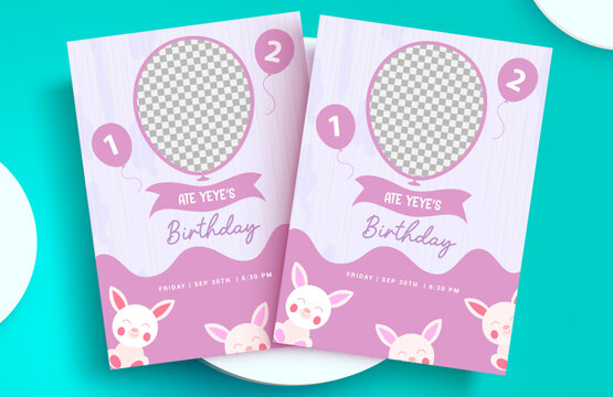 Birthday card vector template design. Birthday invitation postcard with editable empty space for celebrant picture in cute background. Vector Illustration.