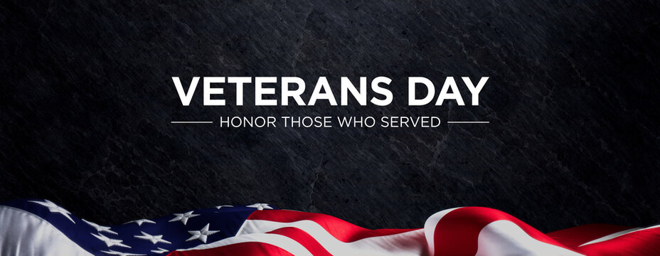 US Flag Banner with Veterans Day Caption on Black Stone. Premium Holiday Background.