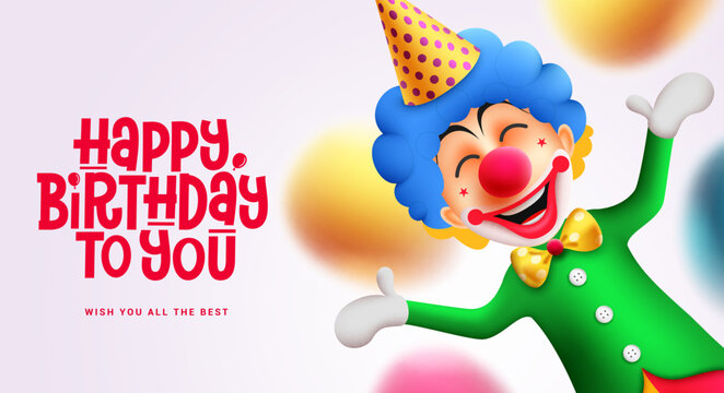 Birthday clown character vector design. Happy birthday text with party buffoon mascot  for greeting card invitation background. Vector Illustration.  