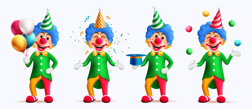 Birthday clown character vector set design. Buffoon entertainer character collection playing tricks for kids party celebration background. Vector Illustration.