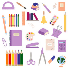 Big set of school supplies cute stationery set, back to school. Vector stationery in flat style