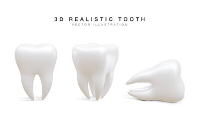 Set of white tooth in different position isolated on white background. Concept of dental examination of teeth, dental health and hygiene. Vector illustration