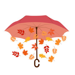 vector illustration of open umbrella with autumn leaves in flat style.Umbrella in autumn boho colors