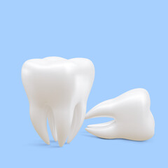 Realistic tooth isoleted on blue background. Concept of teeth dental care. Vector illustration