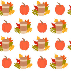 autumn seamless pattern with coffee and pumpkins. Cute flat illustration of autumn pattern