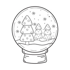 vector illustration of Christmas trees in a Christmas snow globe. Doodle illustration snow globe