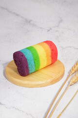  A rainbow cake, jajan pasar, Indonesia traditional food,  variety of sweet cakes that are...