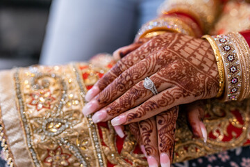 Indian Punjabi bride's hands with wedding henna mehendi mehndi close up