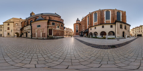 full 360 hdri panorama in narrow streets near church and historical buildings with a lot of tourists in equirectangular projection