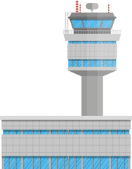 Grey airport control tower and terminal building