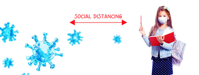 Young girl with protection mask against corona virus at school.