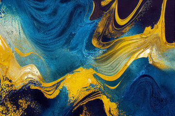 Abstract fluid art painting texture blue green and gold colors.AI