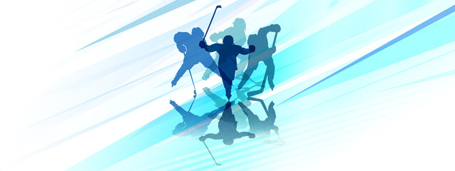 Abstract horizontal background for placing text. Dynamic diagonal pattern in light saturated blues. Sport banner with kid hockey players.