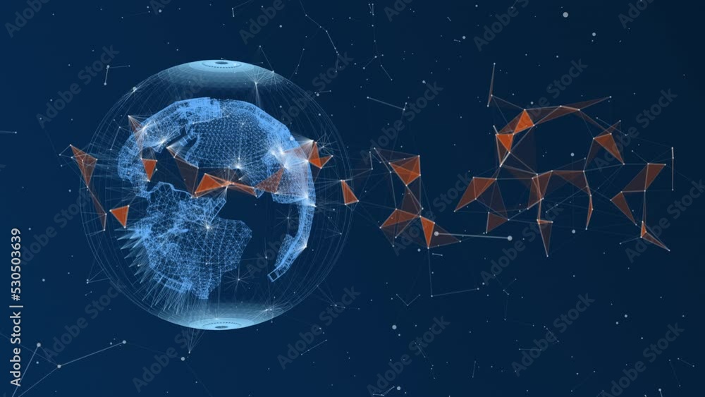 Poster abstract tech earth globalization in 3d motion graphic. concept transmit ai networking on fiber opti