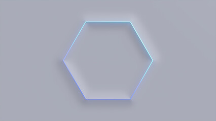 Minimalist Tech Background with Extruded Hexagon and Blue Illuminated Trim. White Surface with Embossed 3D Shape. 3D Render.