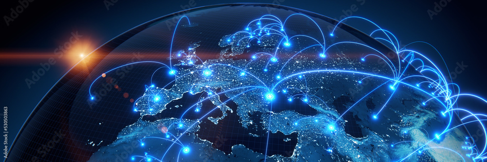 Wall mural globalization and communication concept. earth and luminous rays. 3d rendering