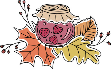 Doodle style vector strawberry jam with autumn leaves decoration, isolated on white background