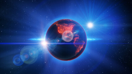 Globalization and communication concept. Earth and luminous rays. 3d rendering